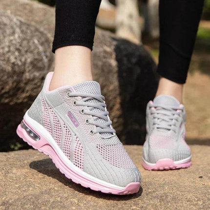 Zapatillas deportivas grises y rosas para mujer, transpirables y ergonómicas, suela anti-impacto. Oferta 20% hoy.