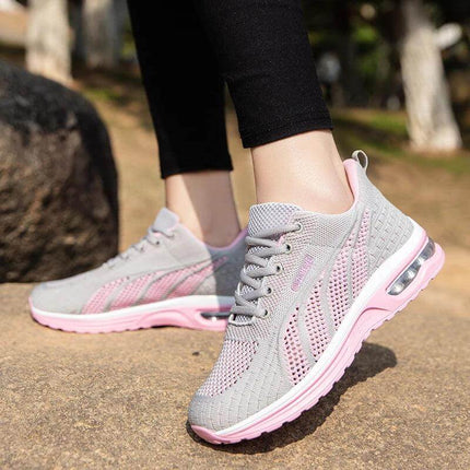 Zapatillas deportivas grises y rosas transpirables para mujeres, suela anti-impacto, ideal para actividades diarias.