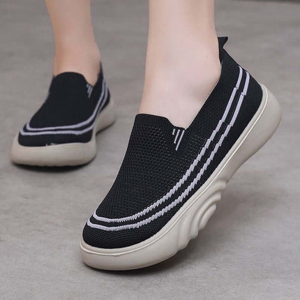 Zapatos casuales negros de primavera y otoño, tejido fly-knit transpirable, diseño moderno para mujeres argentinas.