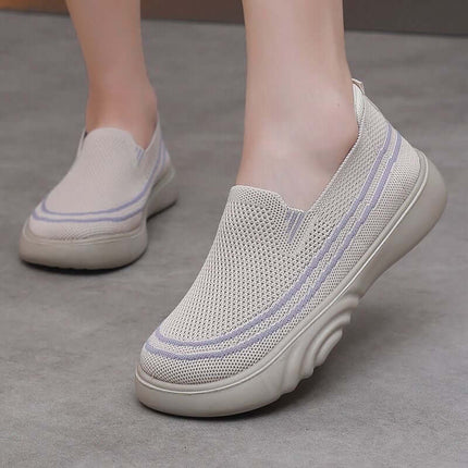Zapatos casuales de primavera para mujeres, tejido fly-knit beige, transpirables y cómodos, diseño moderno.
