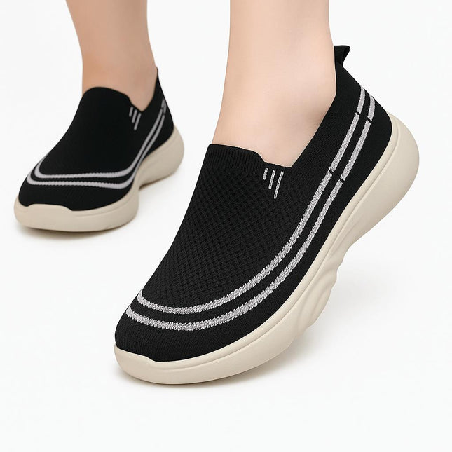 Zapatos casuales negros de primavera con tejido fly-knit transpirable para mujeres, diseño elegante y cómodo.