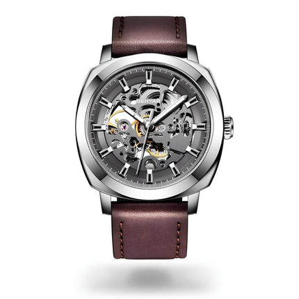 Reloj automático Benyar Elegance, acero inoxidable, correa de cuero marrón, para hombre elegante y sofisticado.
