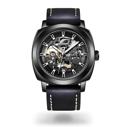 Reloj automático Benyar Elegance, caja negra, correa de cuero negra, diseño sofisticado para hombre.