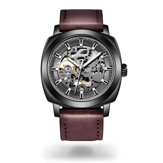 Reloj automático Benyar Elegance de acero negro con correa de cuero marrón para hombre sofisticado y elegante.