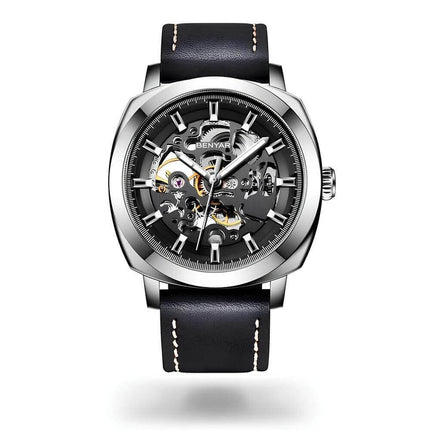 Reloj Automático Benyar Elegance para hombre, caja de acero inoxidable, correa de cuero negro, estilo sofisticado.