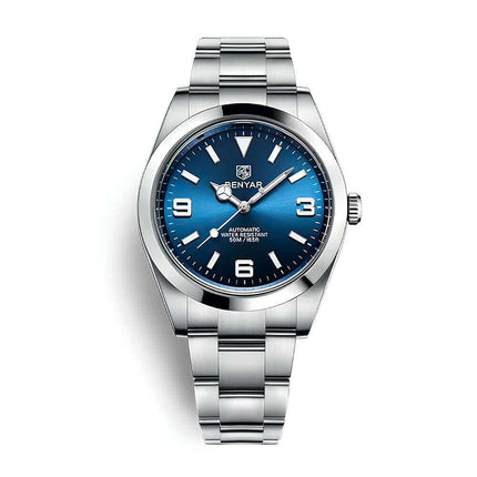 Reloj automático Benyar Success, esfera azul, correa de acero inoxidable, ideal para buceadores y deportistas argentinos.