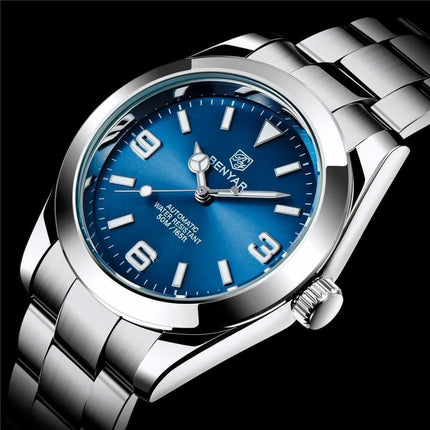 Reloj automático Benyar Success para hombres, acero inoxidable, esfera azul, resistencia al agua 50m.