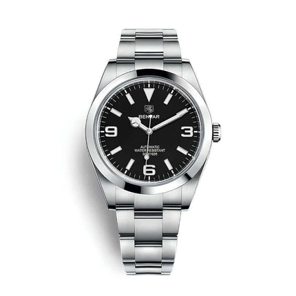 Reloj automático Benyar Success de acero inoxidable, esfera negra. Ideal para hombres decididos. Resistente al agua 50m.