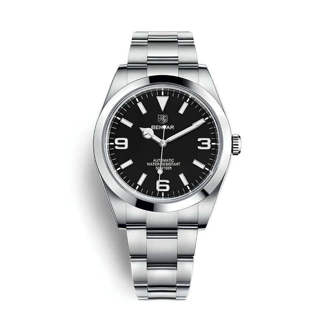 Reloj automático Benyar Success de acero inoxidable, esfera negra. Ideal para hombres decididos. Resistente al agua 50m.