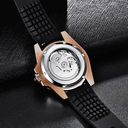 Reloj automático Pagani 911 con caja de acero inoxidable, correa negra de caucho, ideal para hombres exigentes.