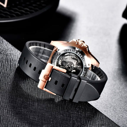 Reloj automático Pagani 911 para hombres, material acero inoxidable, correa negra, diseño elegante y robusto.
