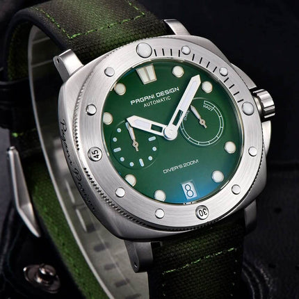 Reloj Automático Pagani Elegance, caja de acero, esfera verde, banda de cuero verde, para hombre, serie limitada.