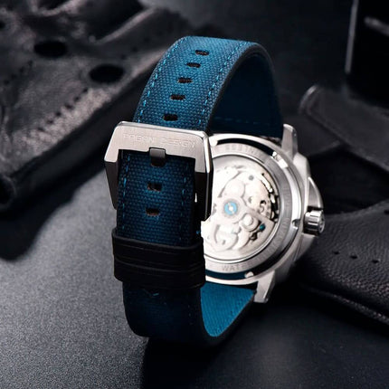Reloj automático Pagani Elegance fondo visible, pulsera azul de cuero, diseño masculino exclusivo, serie limitada.