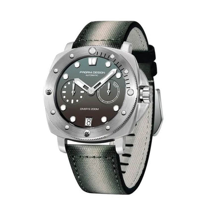 Reloj automático Pagani Elegance, acero inoxidable, esfera negra y gris, correa de cuero, para hombres, diseño exclusivo.