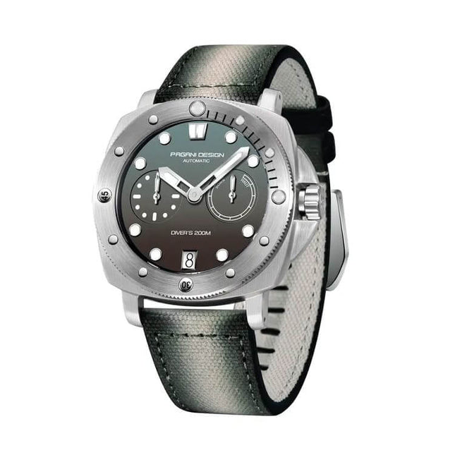 Reloj automático Pagani Elegance, acero inoxidable, esfera negra y gris, correa de cuero, para hombres, diseño exclusivo.