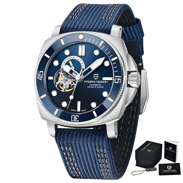 Reloj automático Pagani Rare para hombre, acero inoxidable, esfera azul y correa de tela azul, elegancia auténtica.