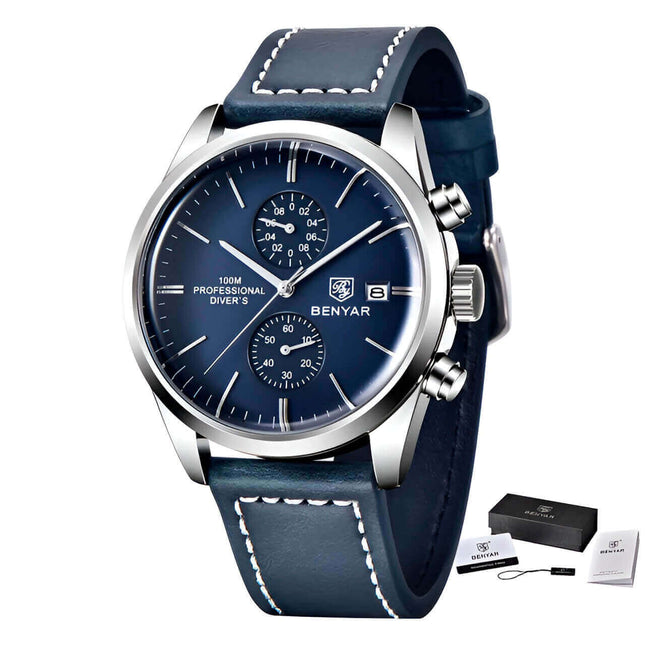 Reloj Benyar Elegance para hombre, esfera azul, correa de cuero azul, diseño inspirado en la aviación, sofisticado y clásico.