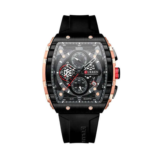 Reloj Curren 992 de lujo, estilo profesional, caja negra y detalles dorados, malla de silicona, para hombres elegantes.