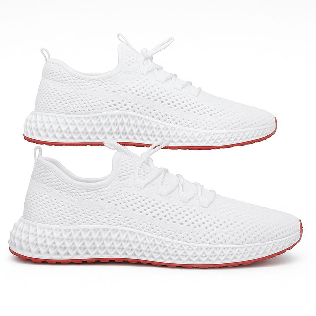 Zapatilla Impacto Pulse blanca con suela roja, diseño transpirable para hombres, ideal para comodidad y ligereza diaria.