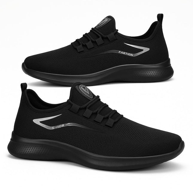 Zapatillas urbanas negras de malla tejida para uso diario, ligeras y flexibles, ideales para jóvenes urbanos.