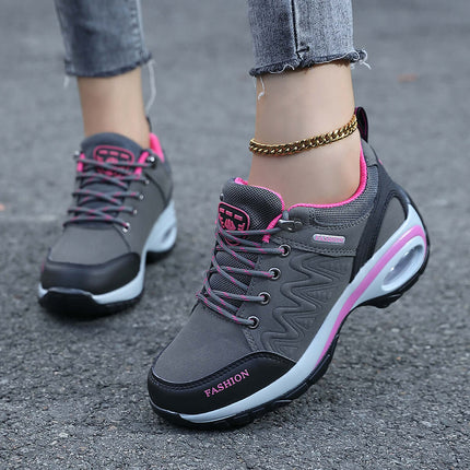 Zapatillas ComfortWalk Outdoor, cuero gris-rosado, suela PU con colchón de aire, mujer activa.