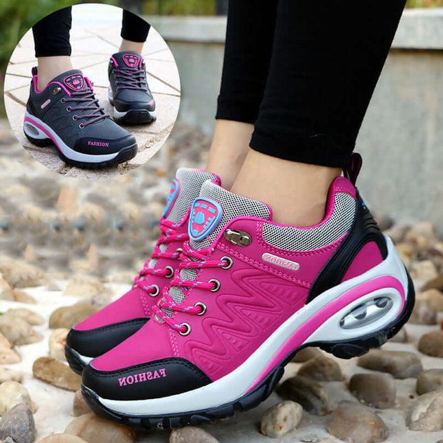 Zapatillas ComfortWalk Outdoor mujer cuero rosa y negro, suela PU con colchón de aire, cómodo agarre para exteriores.