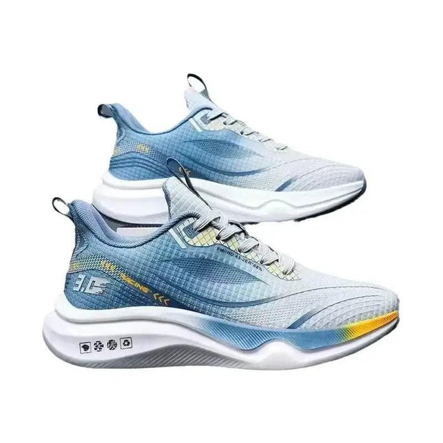 Zapatillas deportivas hombre 2025, transpirables, suela suave, color azul con detalles amarillos, estilo moderno.