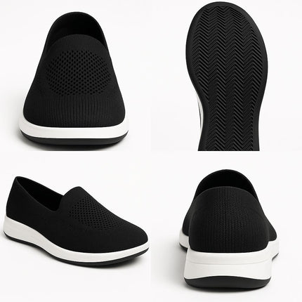 Zapatillas sin cordones Isabella negras para mujer, suela ergonómica con orificios antiimpacto, diseño cómodo y seguro.