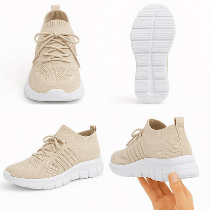Zapatillas Zenithi mujer en malla beige, transpirables, suela flexible para comodidad diaria.