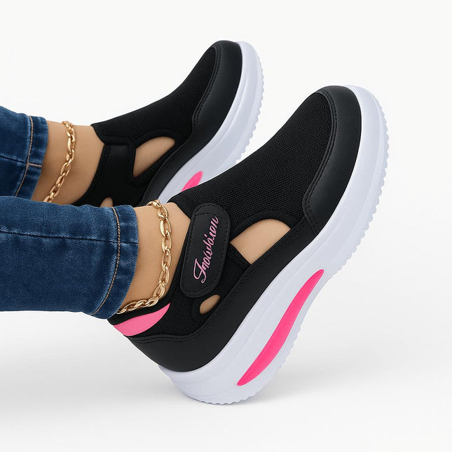 Zapatillas premium flexibles negras y rosadas para mujer, ideal para uso diario, material resistente y cómodo.
