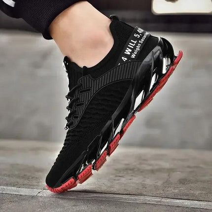 Zapatillas ShockAir Hombre de malla negra con amortiguación y suela roja, ideales para confort diario.