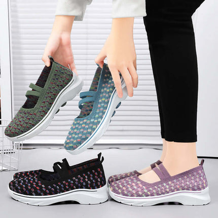 Zapatillas transpirables con bloques de color para mujer, tejido Flyknit, suela blanca, colores verde, azul, violeta y negro.