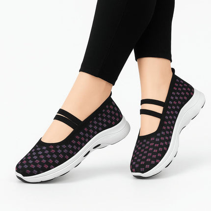 Zapatillas negras con bloques de color púrpura, tejido Flyknit transpirable, suela antideslizante para mujeres, estilo casual.