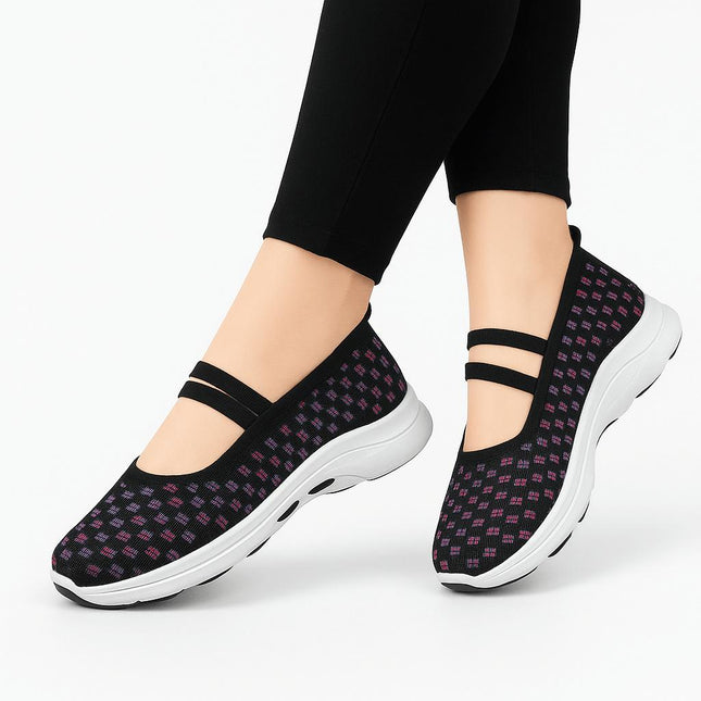 Zapatillas negras con bloques de color púrpura, tejido Flyknit transpirable, suela antideslizante para mujeres, estilo casual.