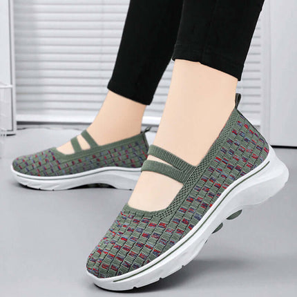 Zapatillas transpirables mujer Flyknit verde, suela blanca antideslizante, diseño con bloques de color, cómodas y modernas.
