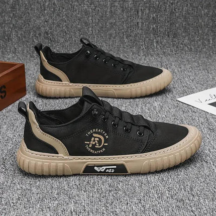 Zapato urbano para hombre en negro y beige, tejido fly-knit transpirable, estilo moderno, cómodo para uso diario.