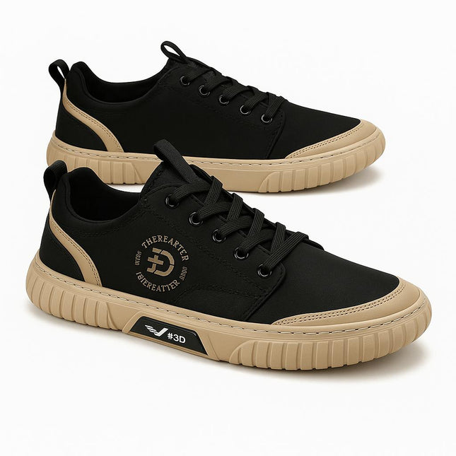 Zapato Street Core negro y beige, estilo urbano, tejido fly-knit transpirable, para uso diario por jóvenes.
