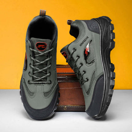 Zapato Trekking Force para hombres, color verde oliva, cuero de vaca, suela antideslizante, diseño cómodo y transpirable.