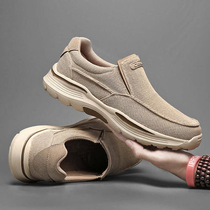 Zapatos de lona sin cordones, beige, para adultos, con suela antideslizante y diseño confortable, estilo casual y moderno.