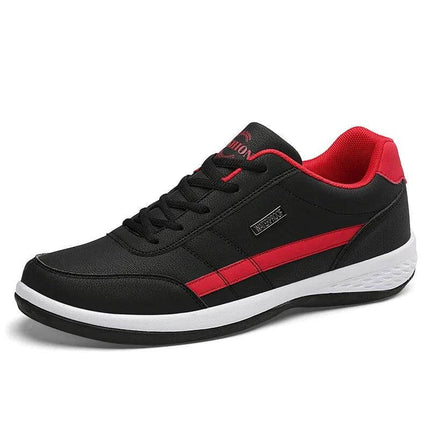 Zapato impermeable negro y rojo para hombre, estilo diario, suela blanca, ideal para uso casual y urbano.